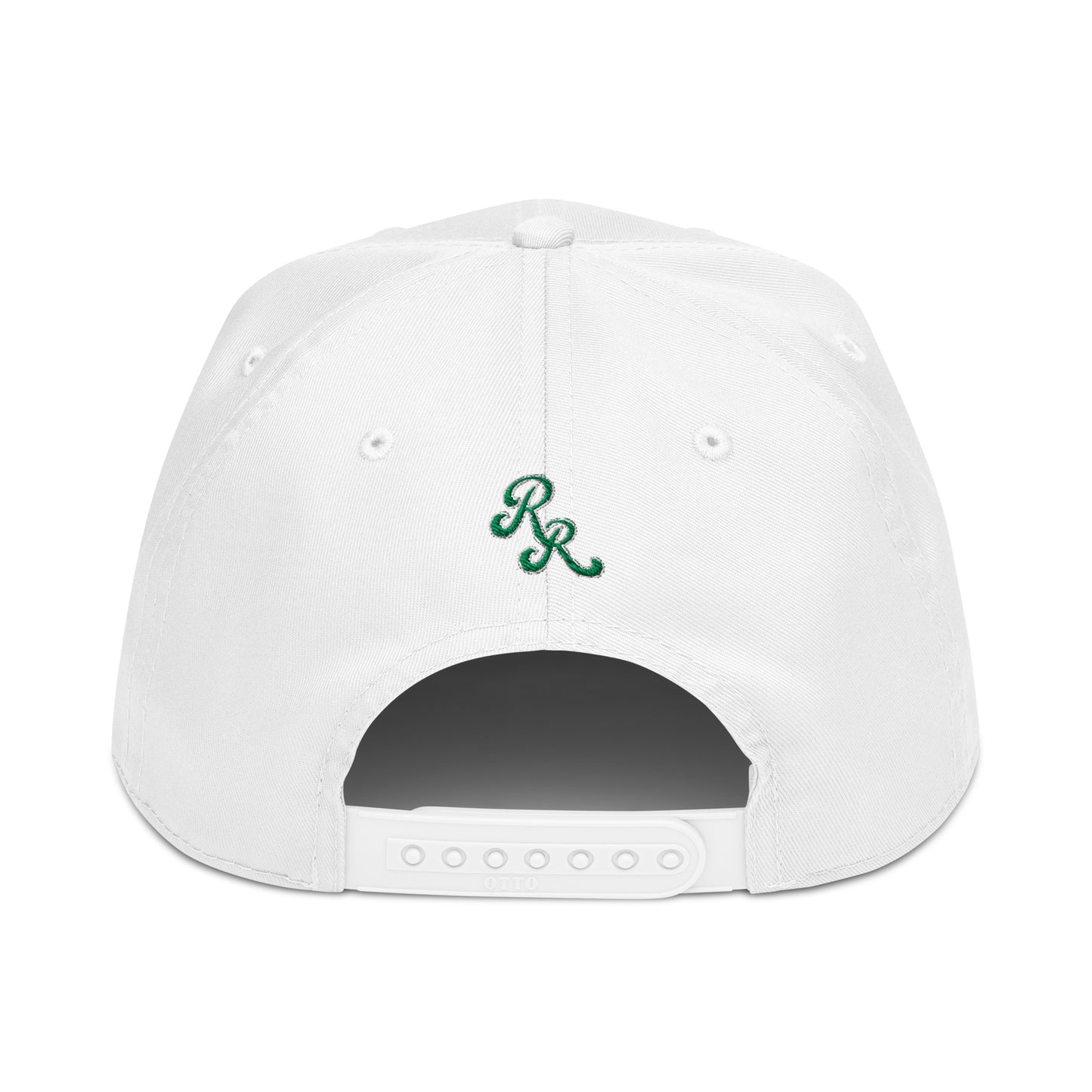 White cap with a green logo on the back against a white background