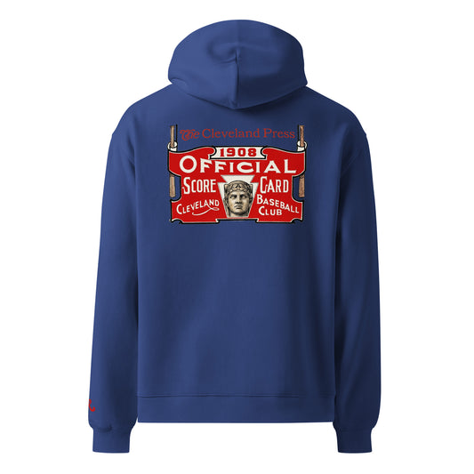 Blue hoodie with a vintage-style graphic on the back on a white background