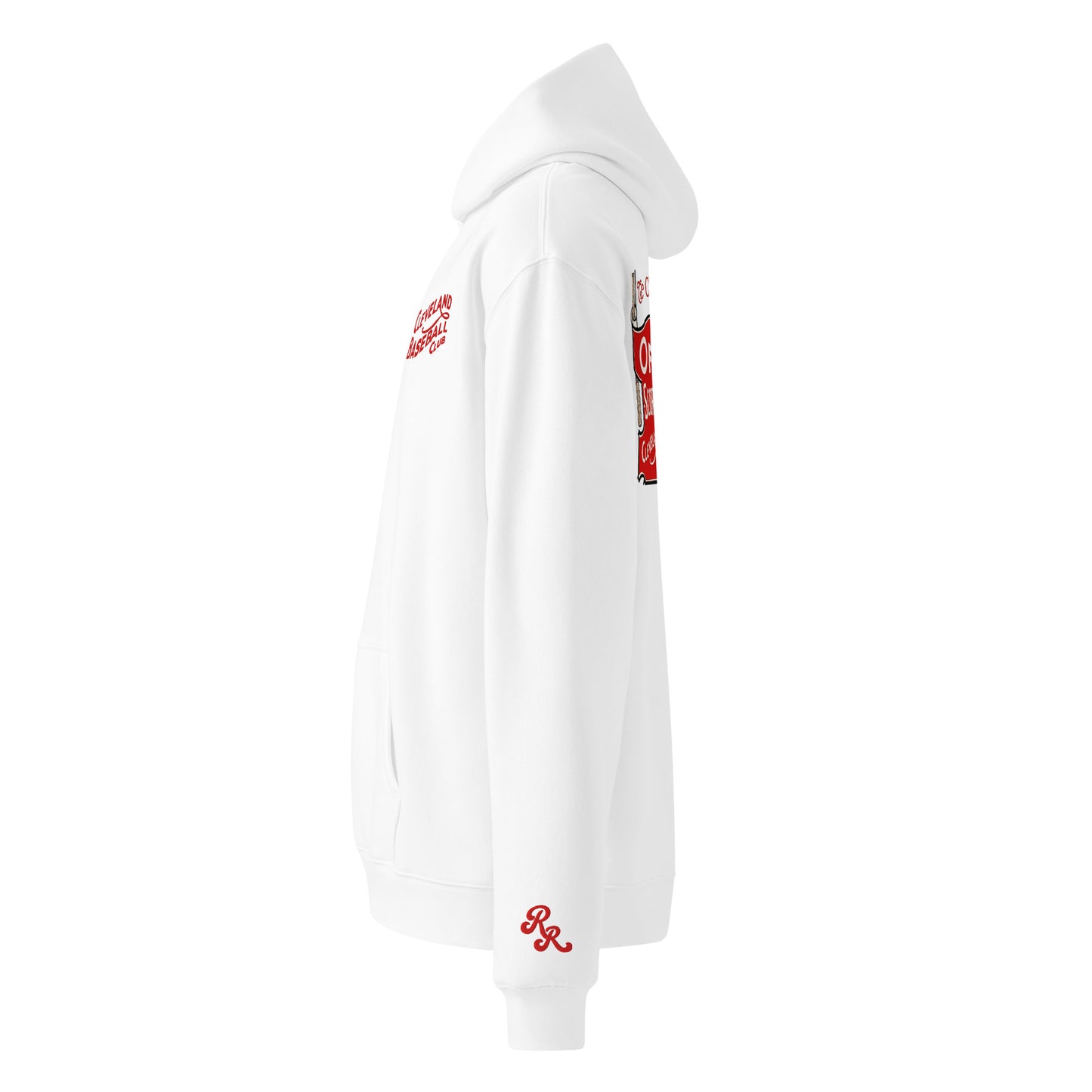 White hoodie with red graphics on a white background
