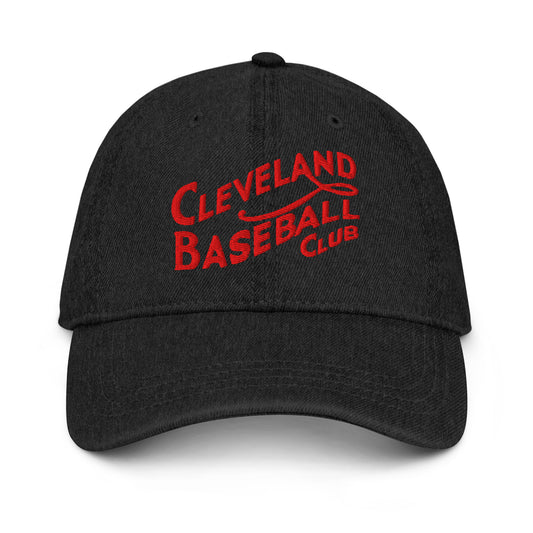 Black 1908 Cleveland Baseball Club denim cap featuring bold red embroidery, classic 6-panel design, and adjustable metal strap closure.