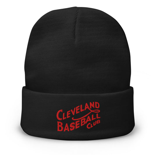 Black beanie with red 'Cleveland Baseball Club' text on a white background