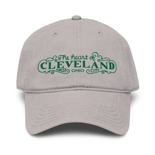 Gray cap with green text 'The heart of Cleveland, Forest City Ohio' on a white background