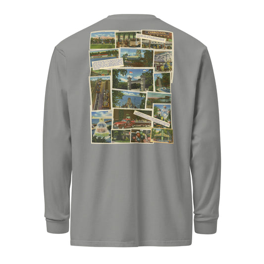 Gray long-sleeve shirt with a colorful graphic on the back against a white background
