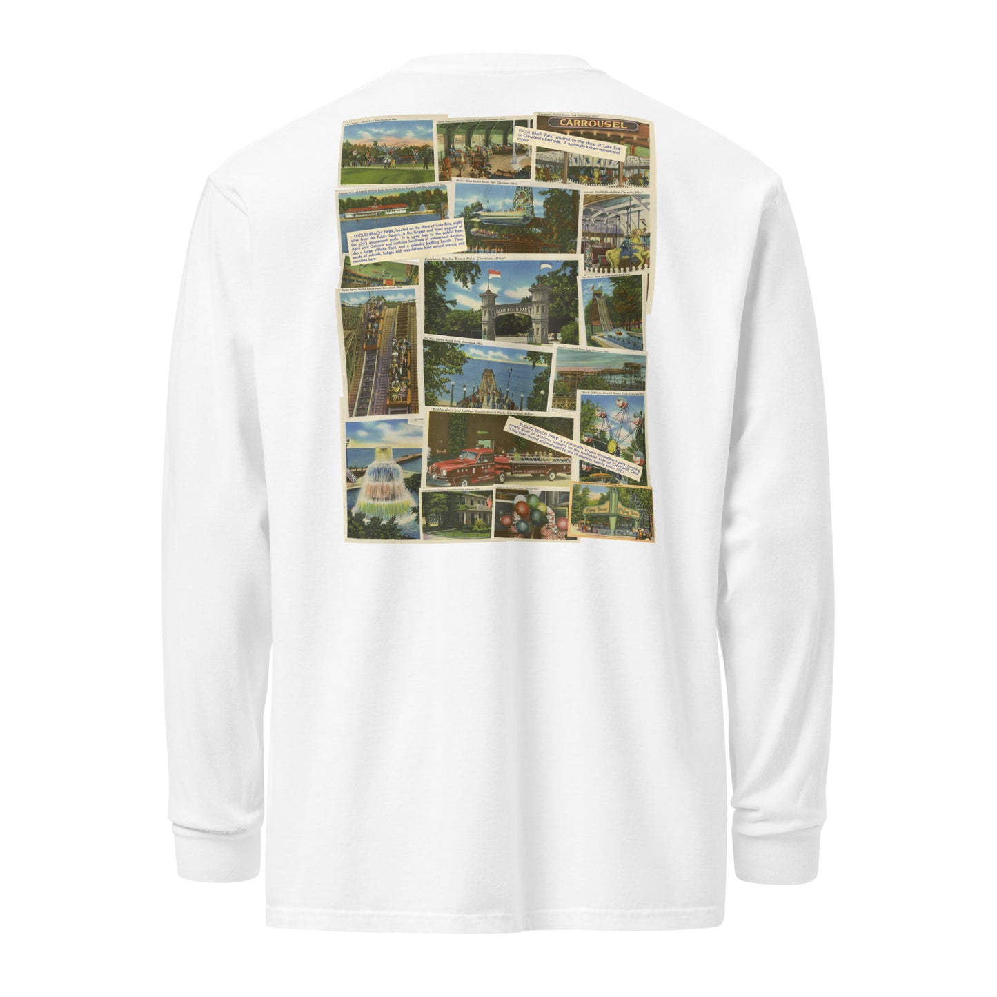 White long-sleeve shirt with a collage of images on the back against a white background