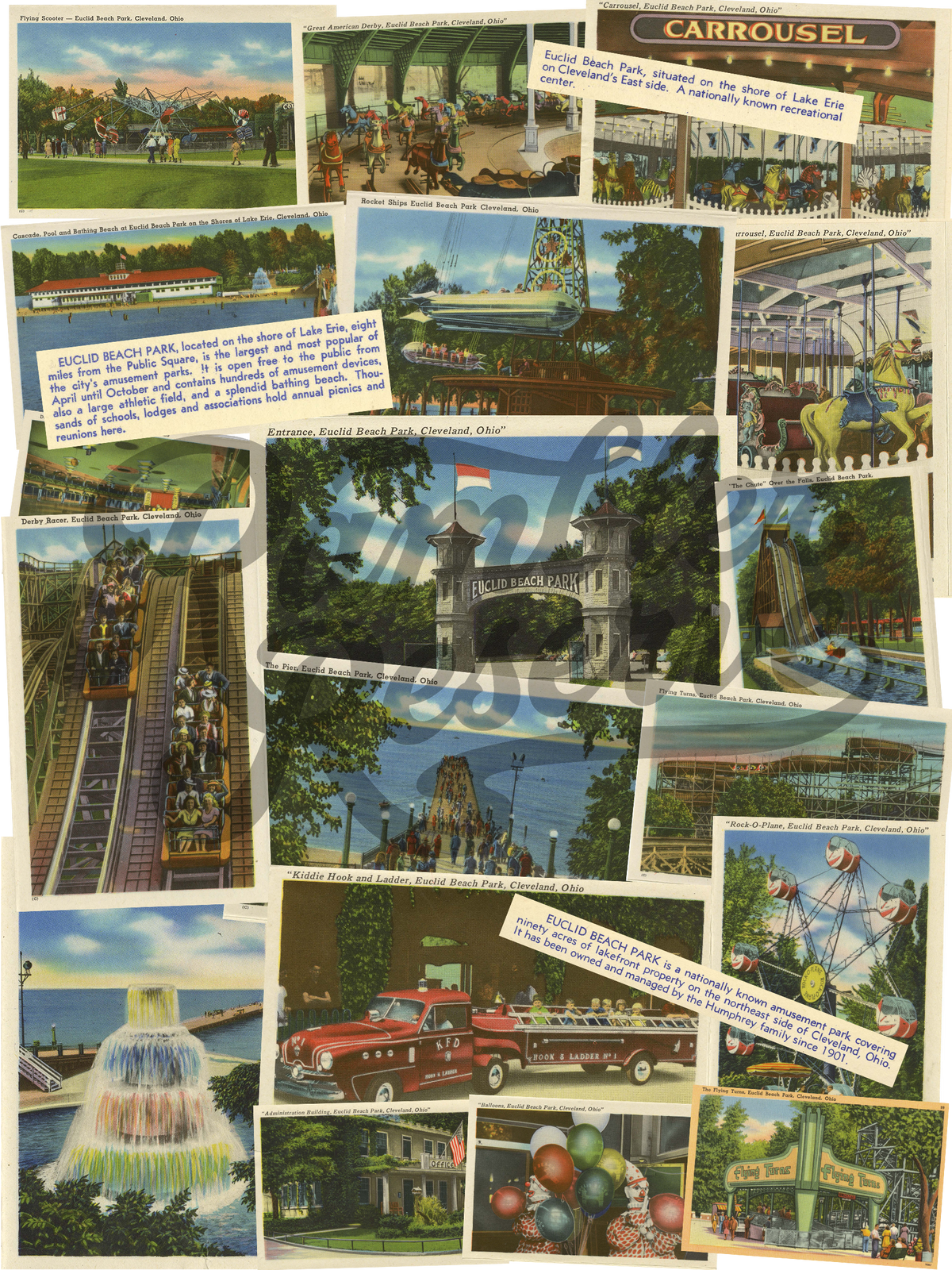 Collage of vintage Euclid Beach Park postcards and attractions