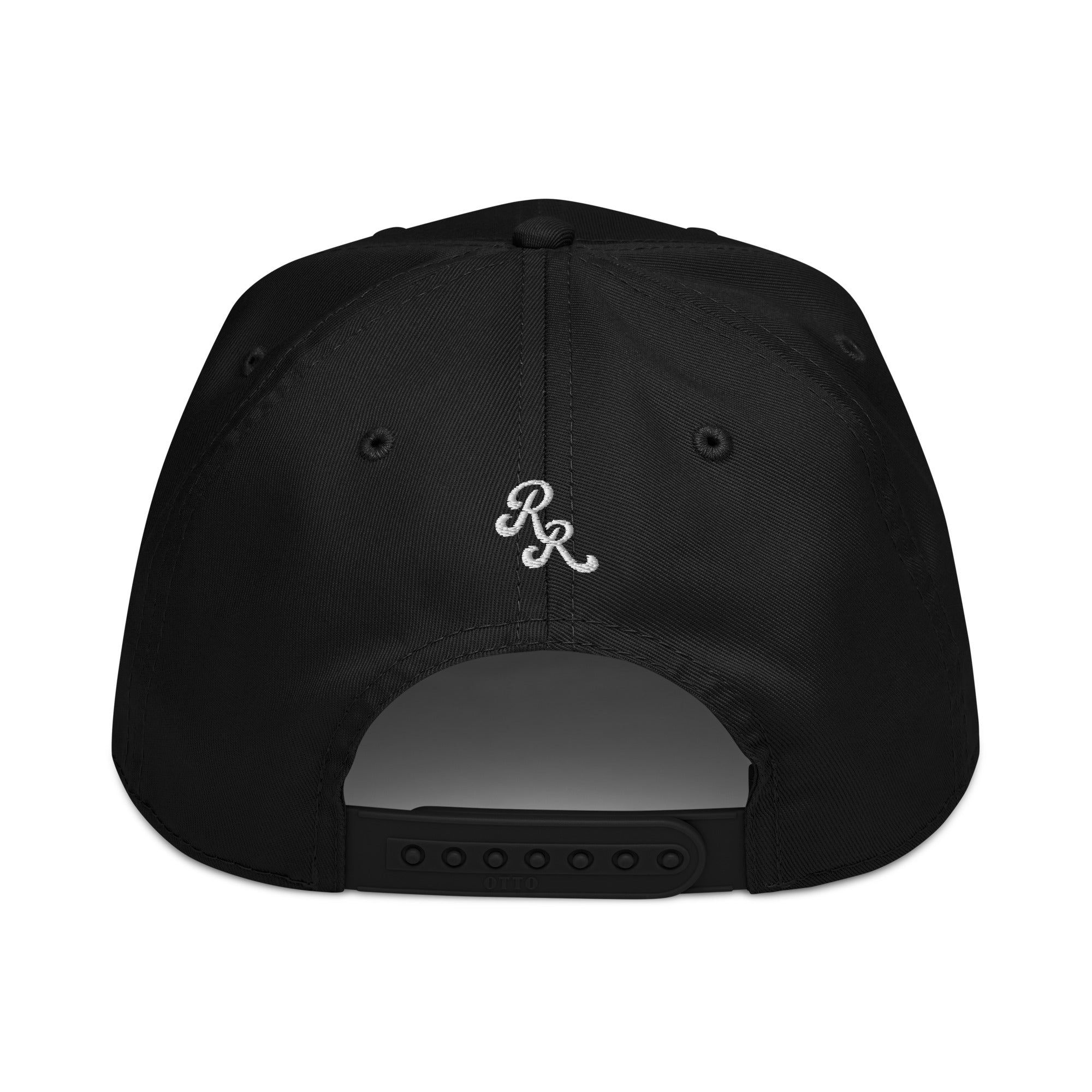Black cap with white logo on a white background