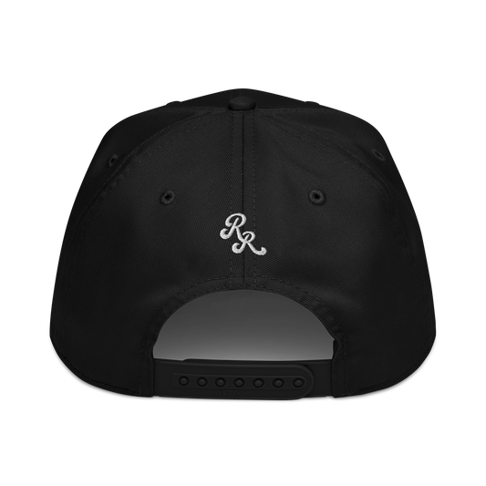 Black cap with a white logo on the back against a white background