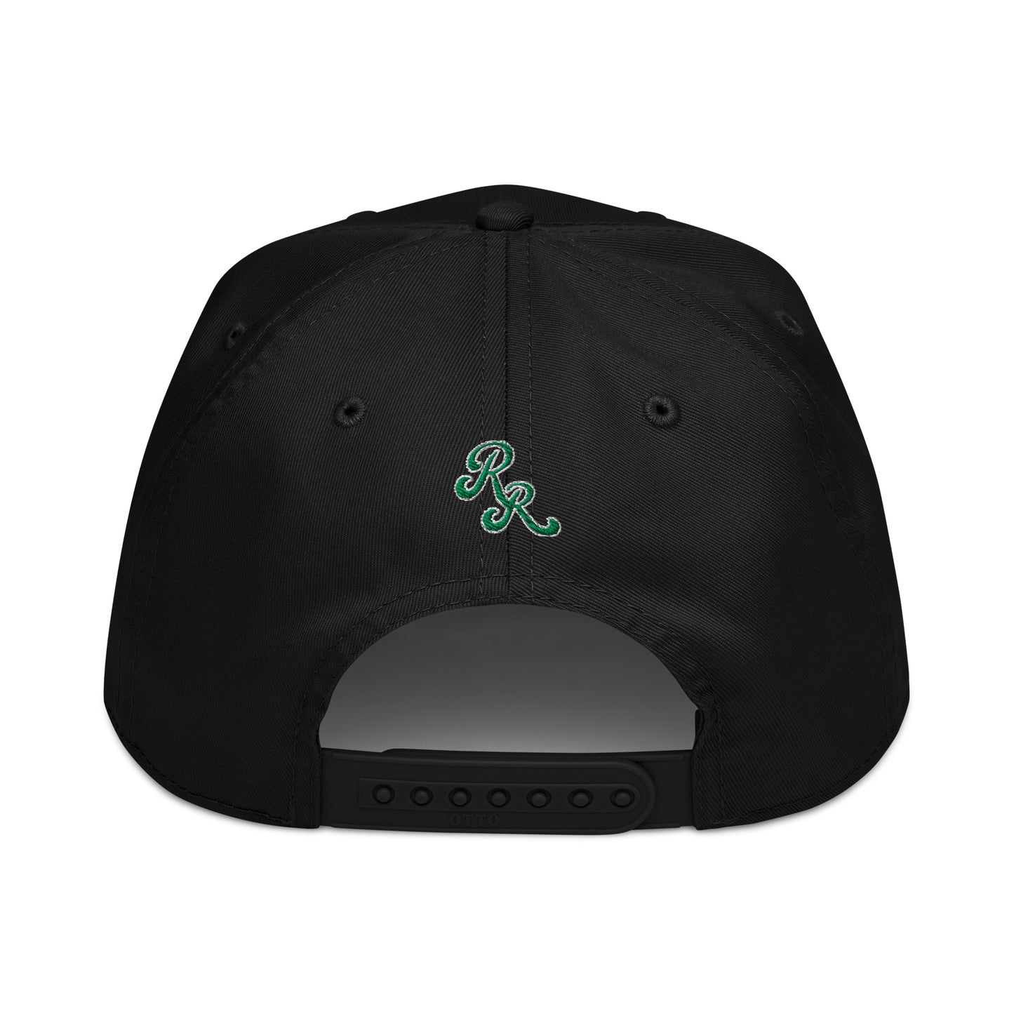 Black cap with a green logo on the back against a white background