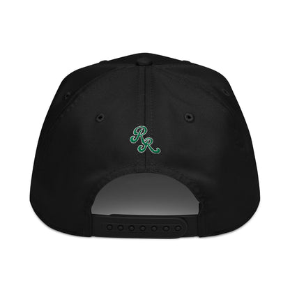 Black cap with a green logo on the back against a white background
