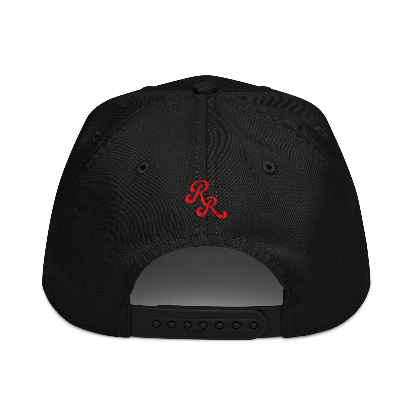 Black cap with a red logo on the back against a white background
