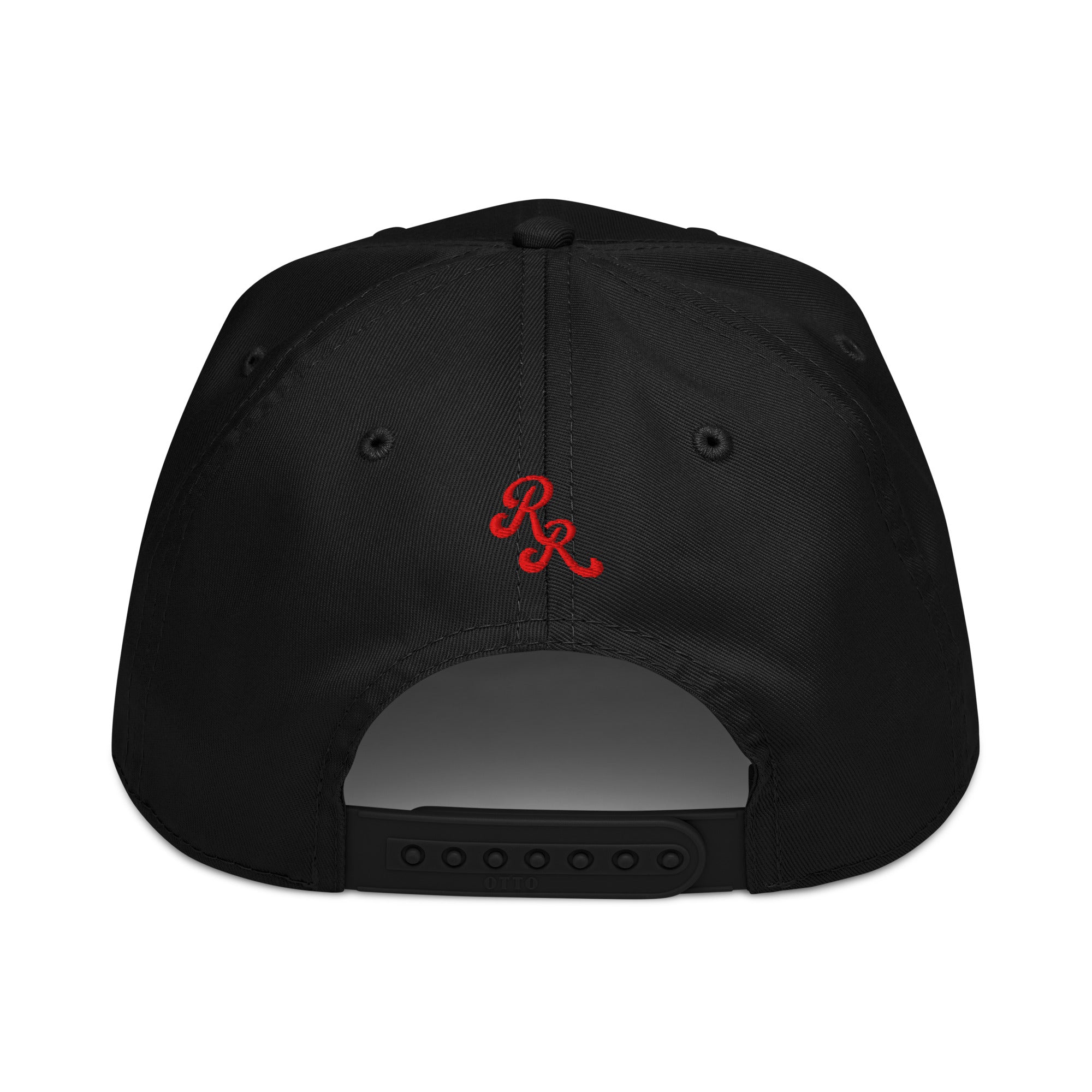 Black-Red cap with a red logo on the back against a white background