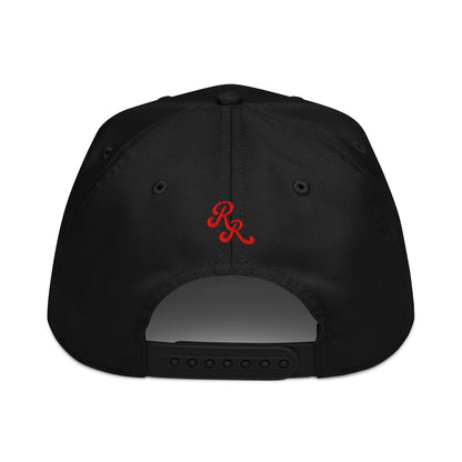 Black cap with a red logo on the back against a white background
