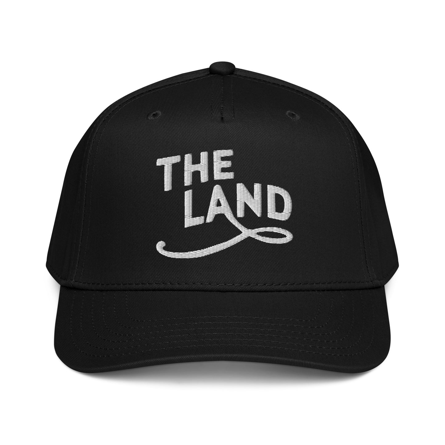 Black cap with 'THE LAND' text on a white background