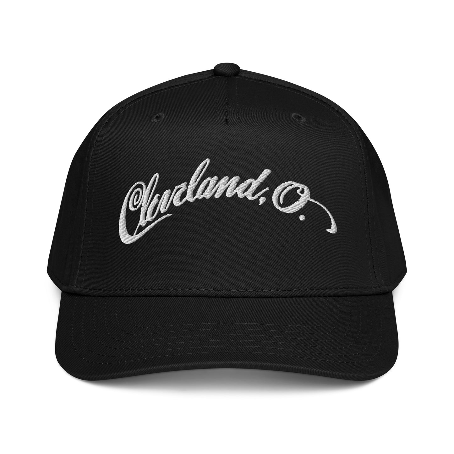 Black cap with 'Cleveland, O.' text on a white background