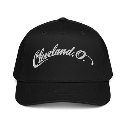 Black cap with 'Cleveland, O.' text on a white background