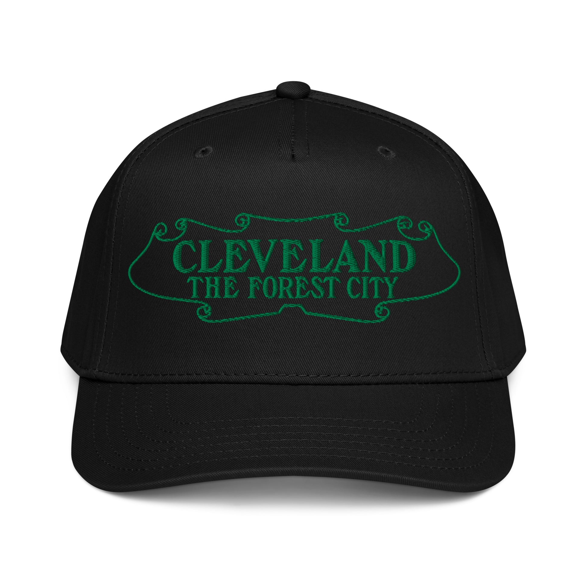 Black cap with green text 'CLEVELAND THE FOREST CITY' on a white background