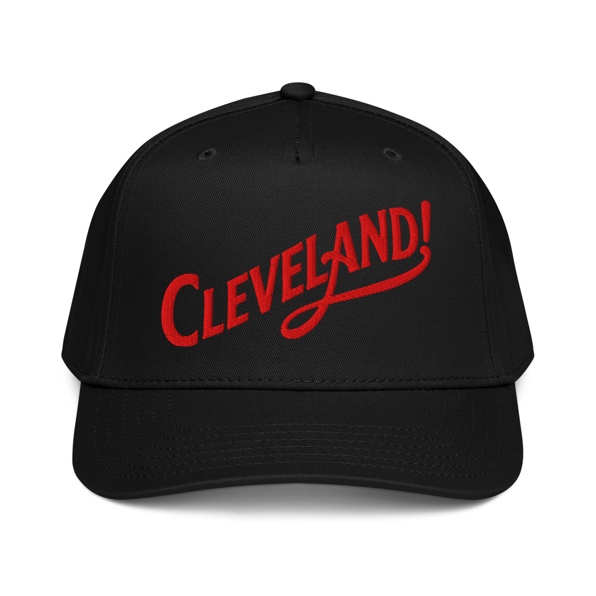 Cleveland! Cap in Black with red embroidered Cleveland! lettering, front view
