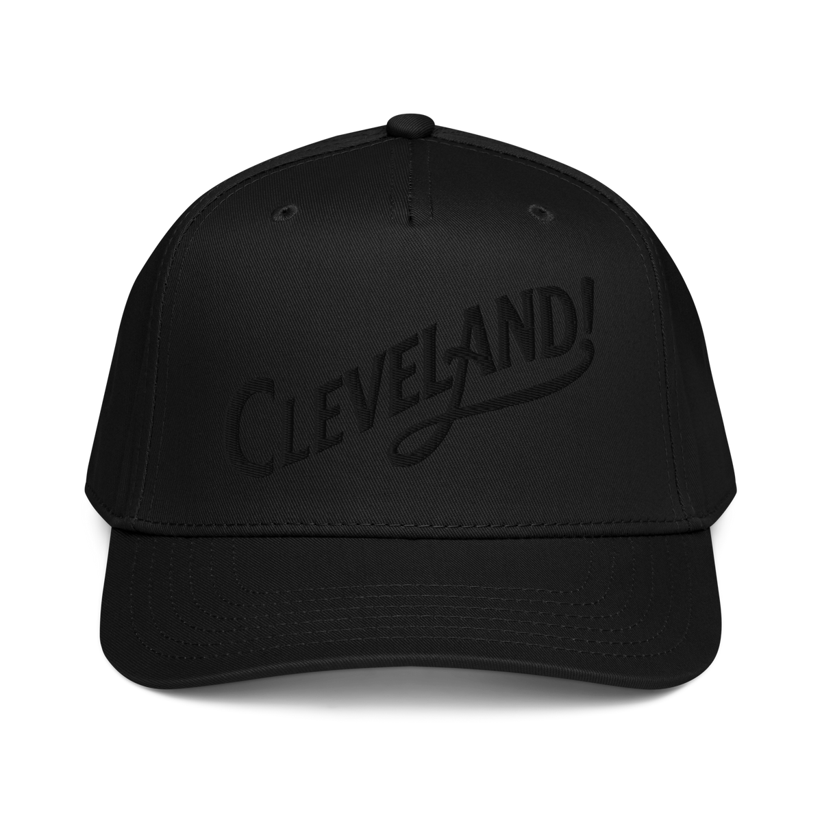 Cleveland! Cap in Black with black embroidered Cleveland! lettering, front view