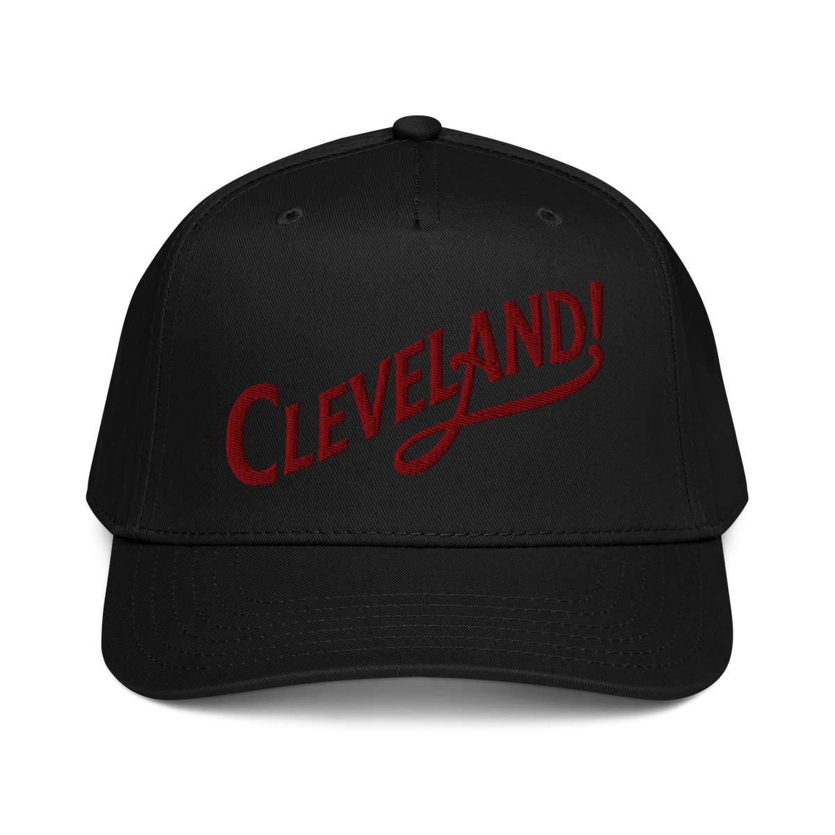 Cleveland! Cap in Black with maroon embroidered Cleveland! lettering, front view