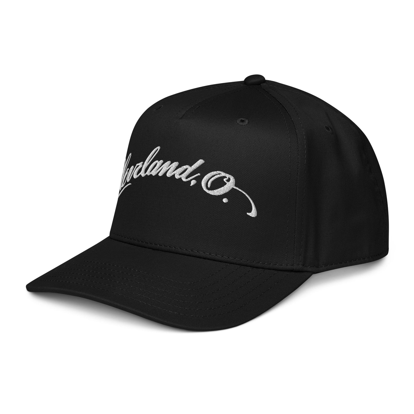 Black cap with 'Cleveland, O.' text on a white background