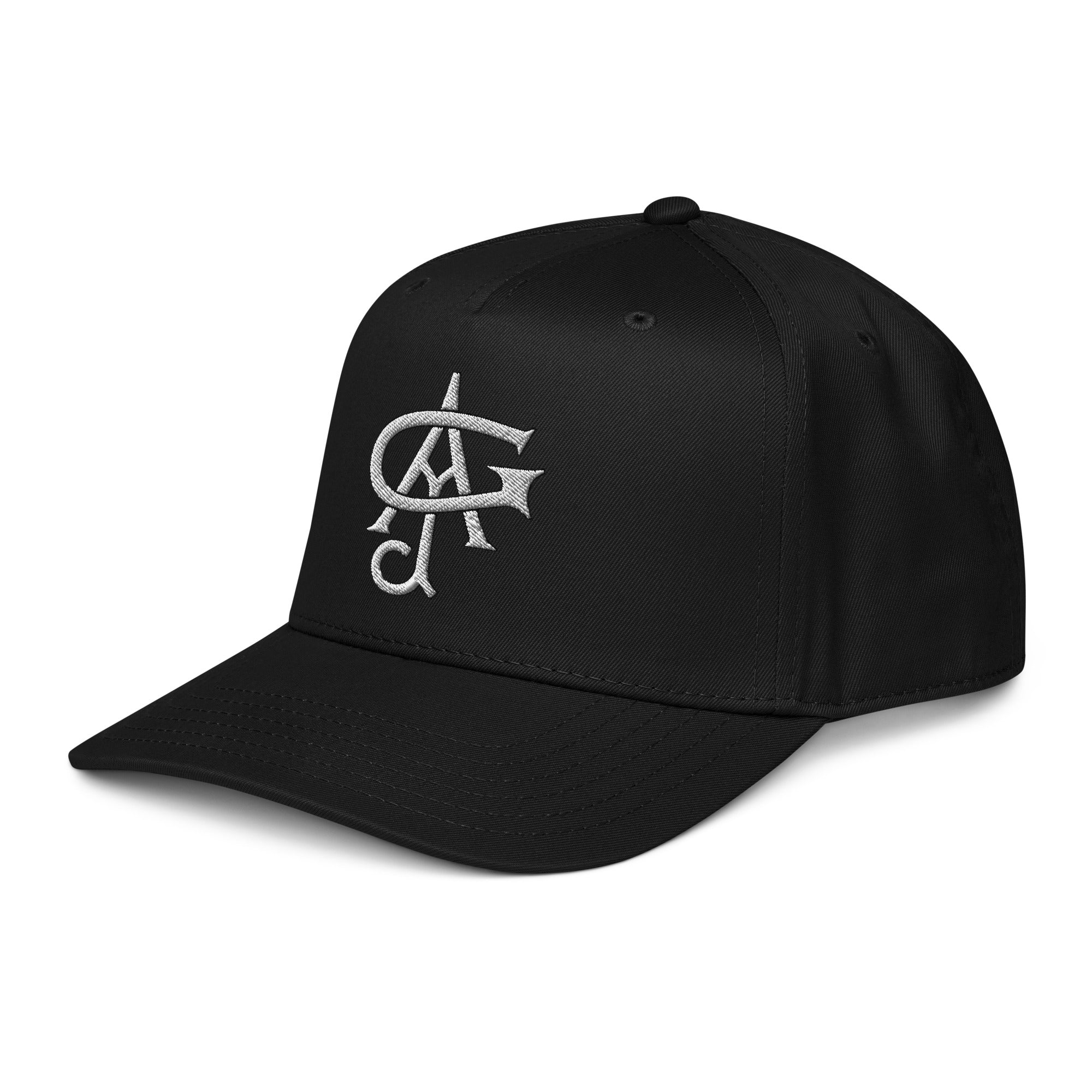 Black cap with white logo on a white background