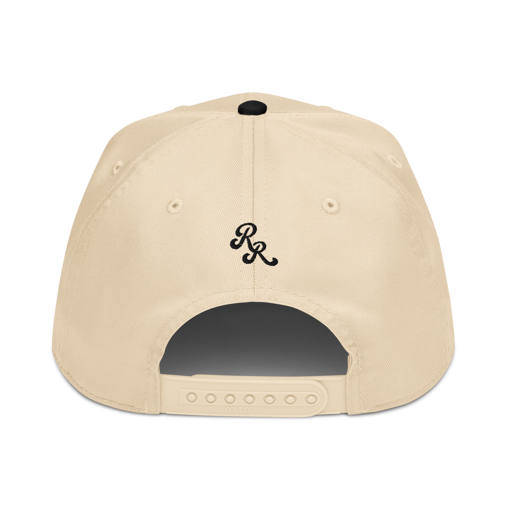 Beige cap with black logo on a white background