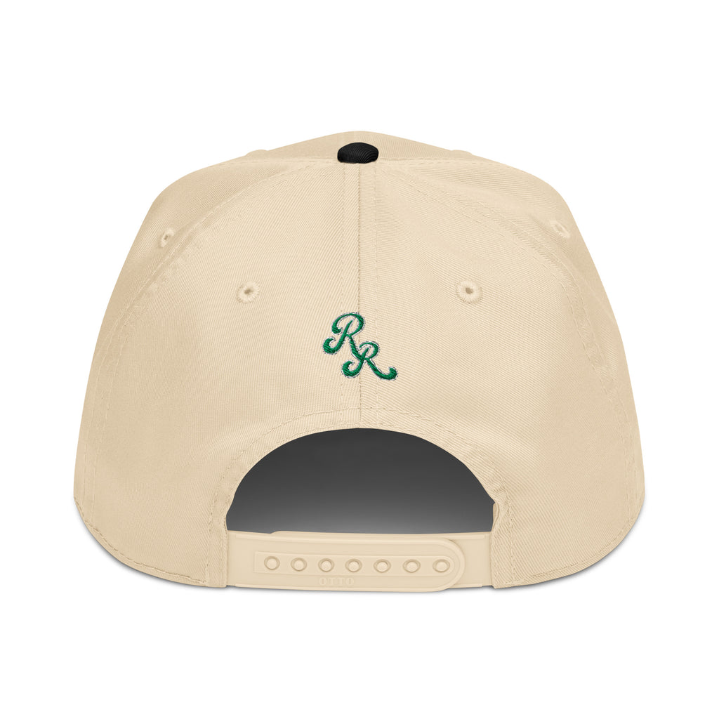 Black/Natural Cap with a green logo on the back against a white background