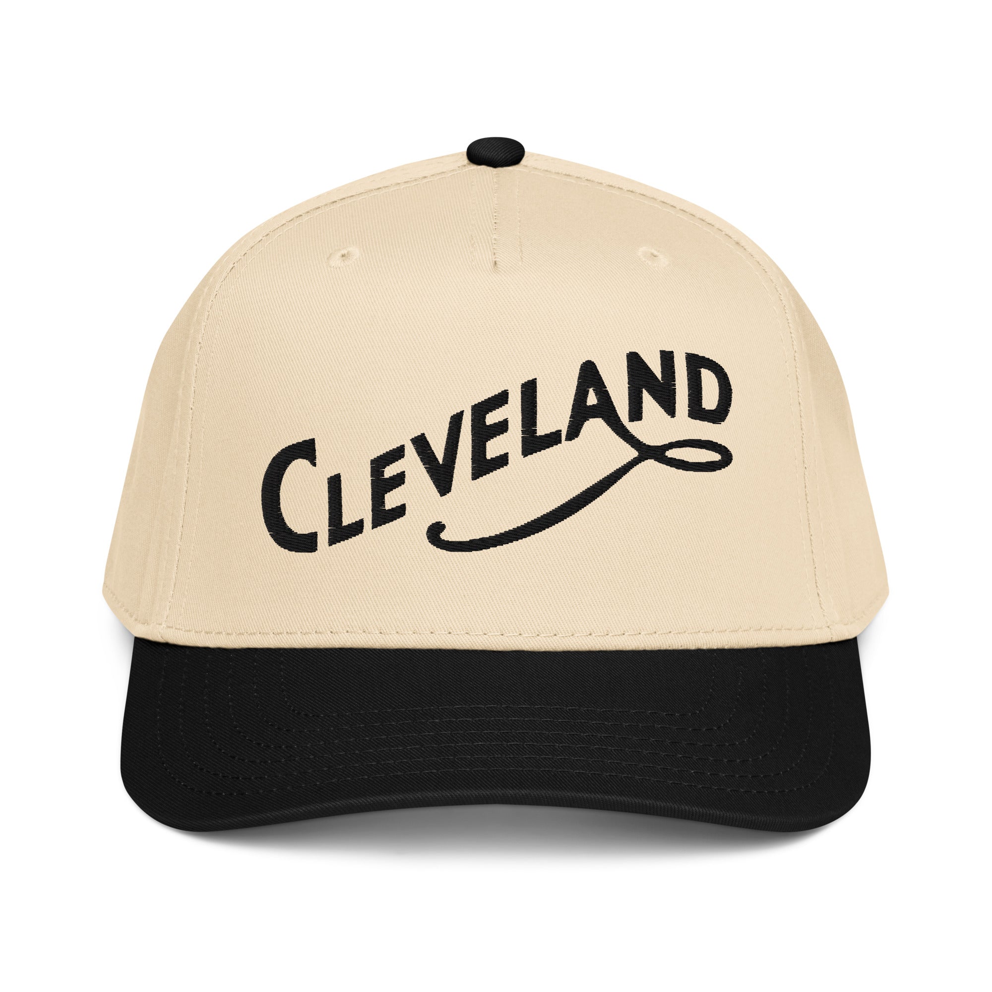 Beige and black cap with 'Cleveland' text on a white background