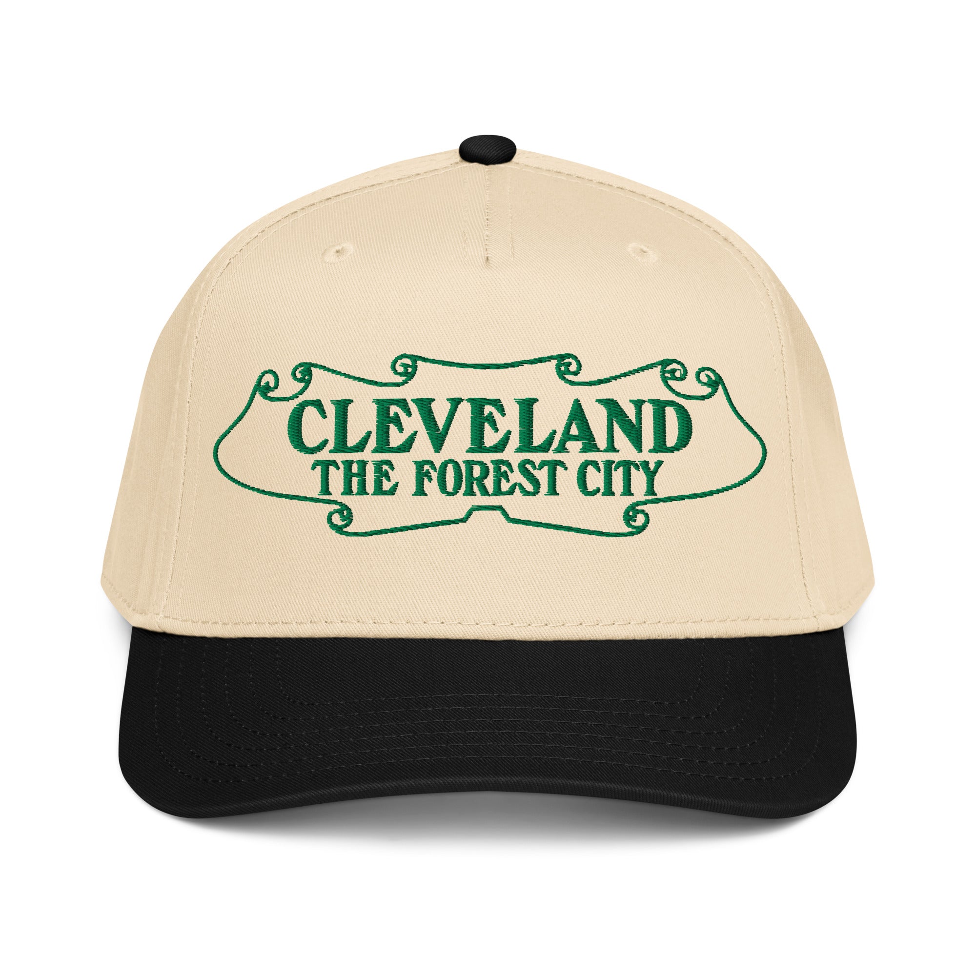 Black/Natural cap with 'Cleveland The Forest City' text on a white background