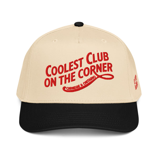 Black and natural Coolest Club On The Corner cap, front view