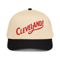 Cleveland! Cap in Black/Natural with red embroidered Cleveland! lettering, front view