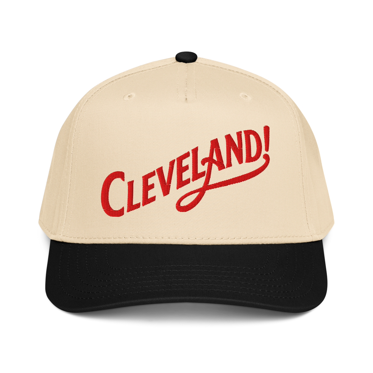 Cleveland! Cap in Black/Natural with red embroidered Cleveland! lettering, front view