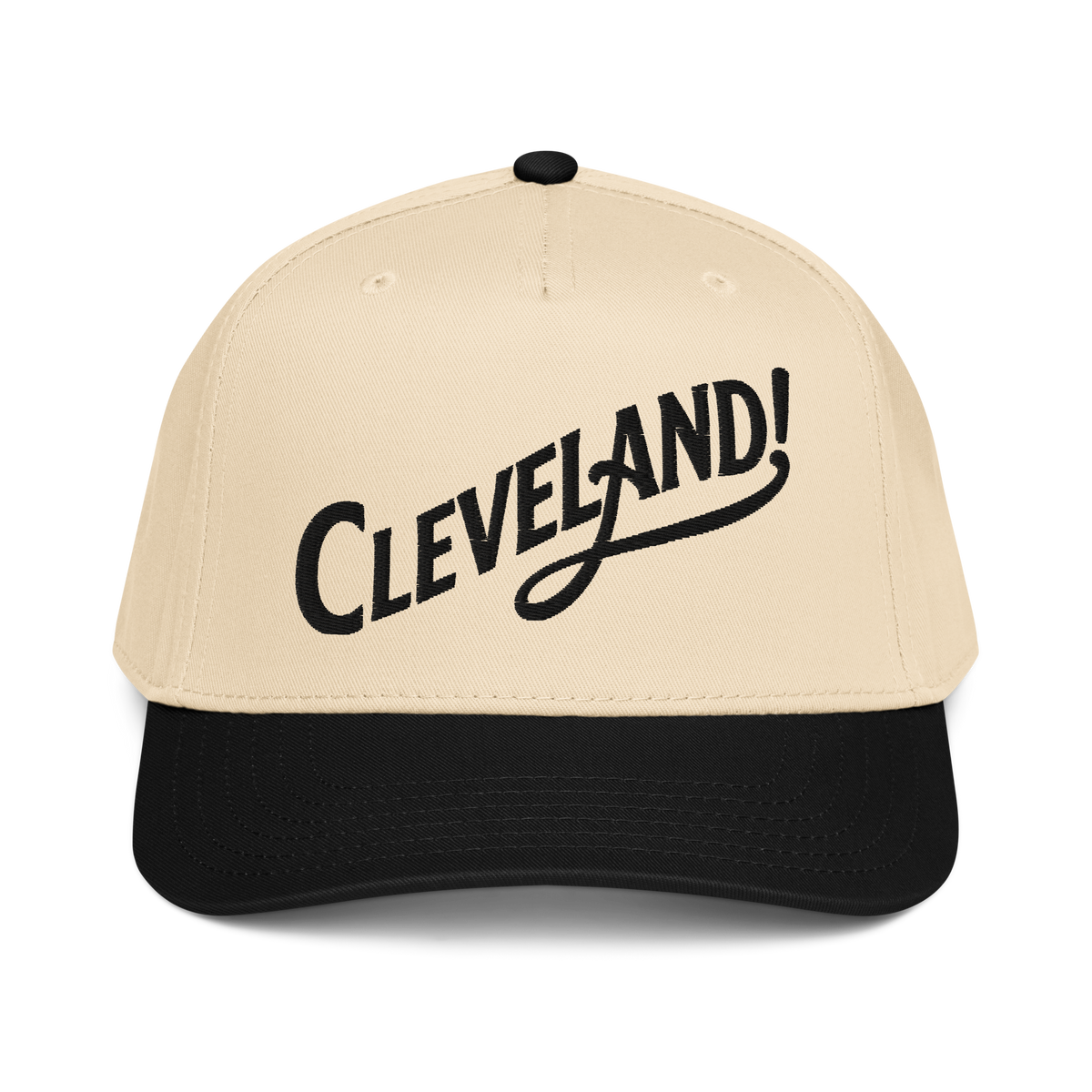 Cleveland! Cap in Black/Natural with black embroidered Cleveland! lettering, front view