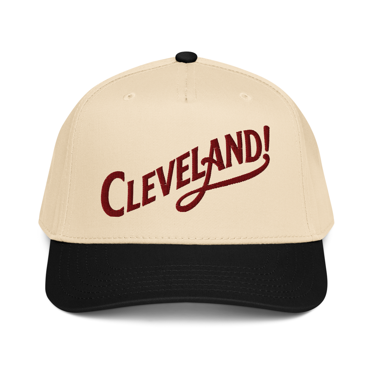 Cleveland! Cap in Black/Natural with maroon embroidered Cleveland! lettering, front view
