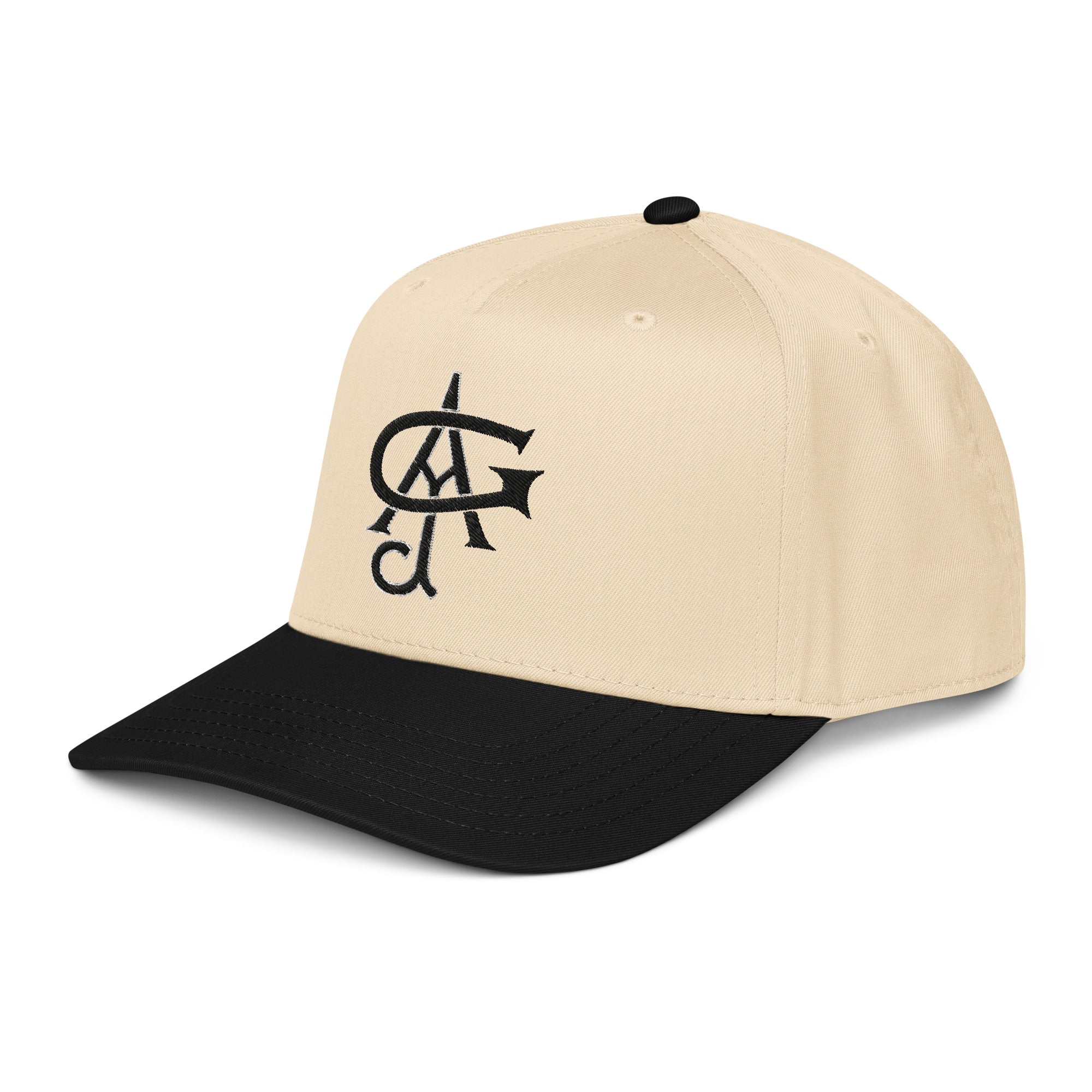 Beige and black cap with a logo on a white background