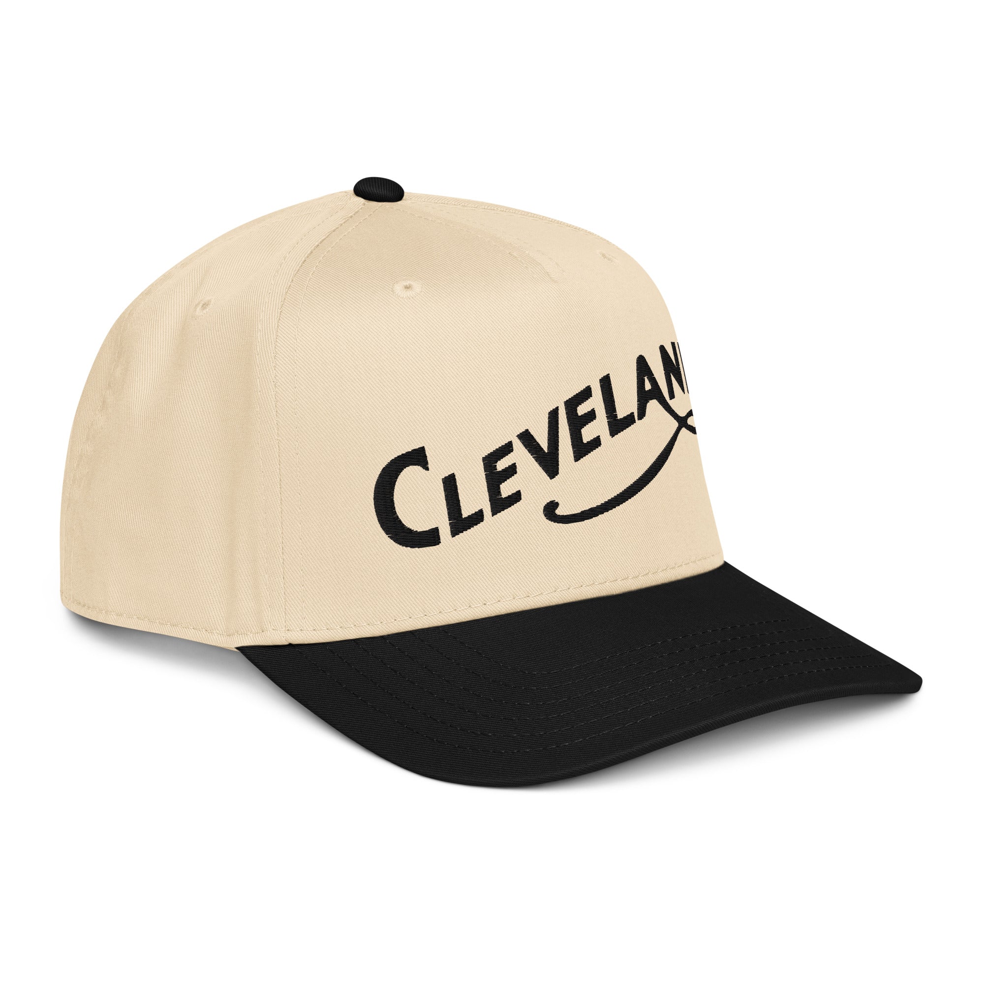 Beige and black cap with 'Cleveland' text on a white background
