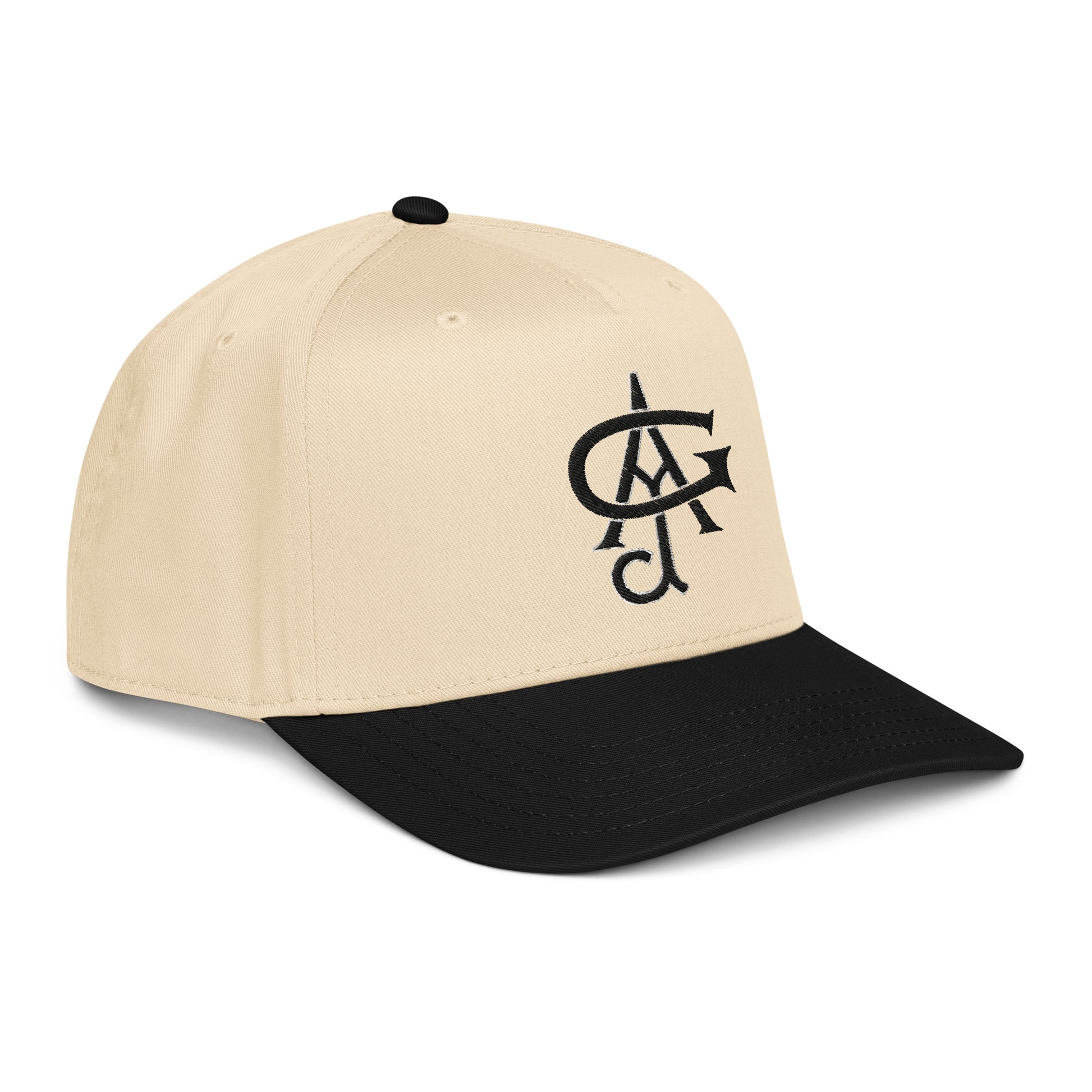 Beige and black cap with a logo on a white background