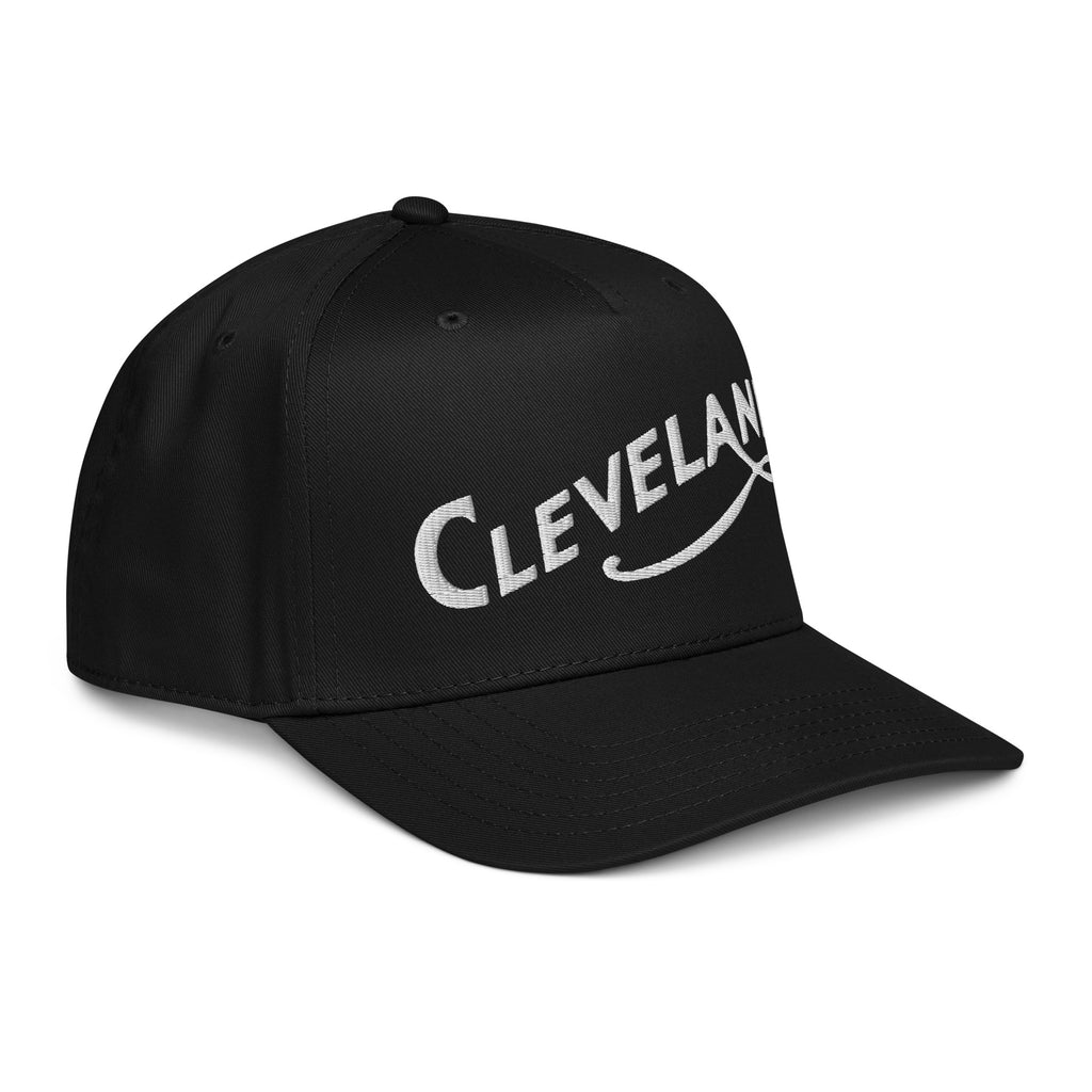 Black cap with 'Cleveland' printed on it against a white background