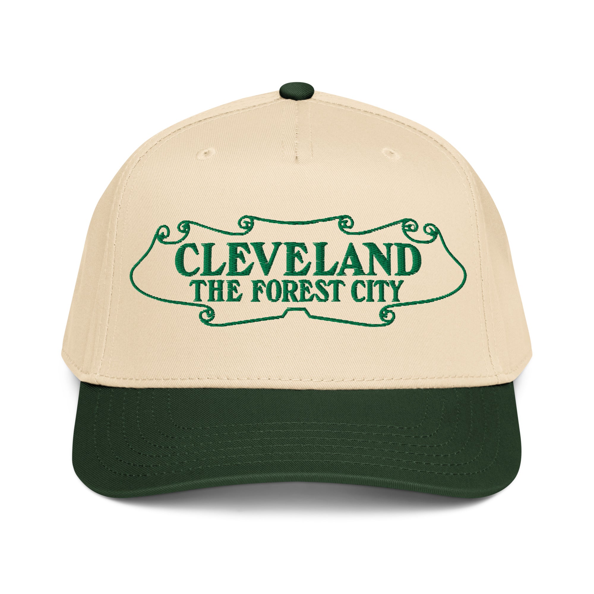 Dark Green/Natural cap with 'Cleveland The Forest City' text on a white background