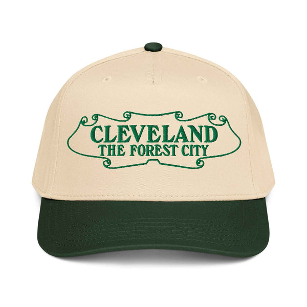 Dark green and natural Cleveland The Forest City 5-panel cap, shown with the matching heavyweight tee