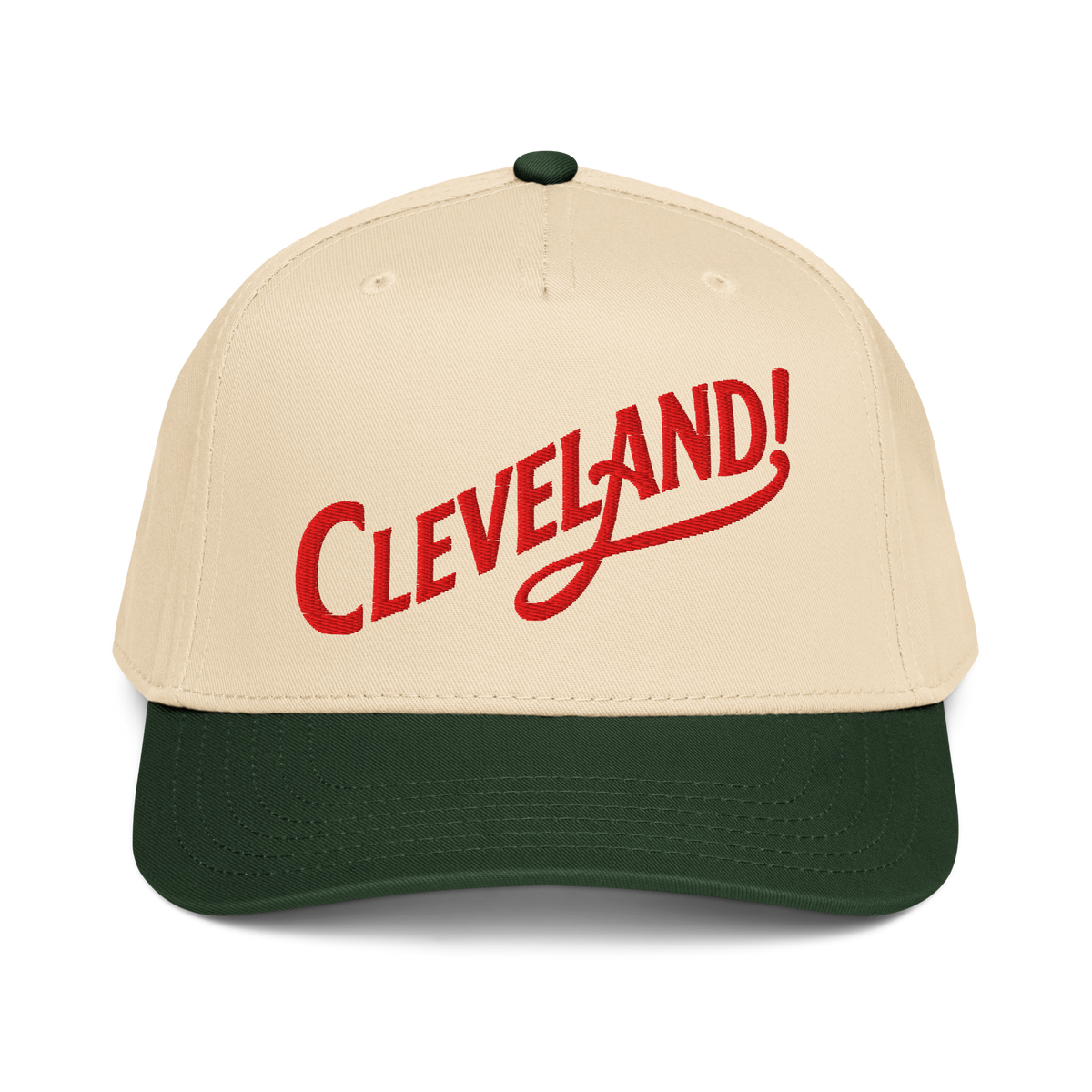 Cleveland! Cap in Dark Green/Natural with red embroidered Cleveland! lettering, front view