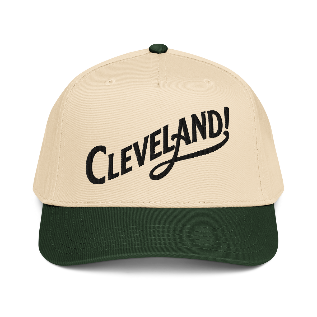 Cleveland! Cap in Dark Green/Natural with black embroidered Cleveland! lettering, front view