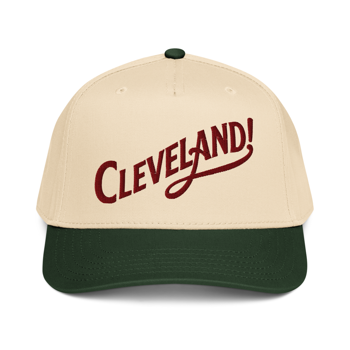 Cleveland! Cap in Dark Green/Natural with maroon embroidered Cleveland! lettering, front view