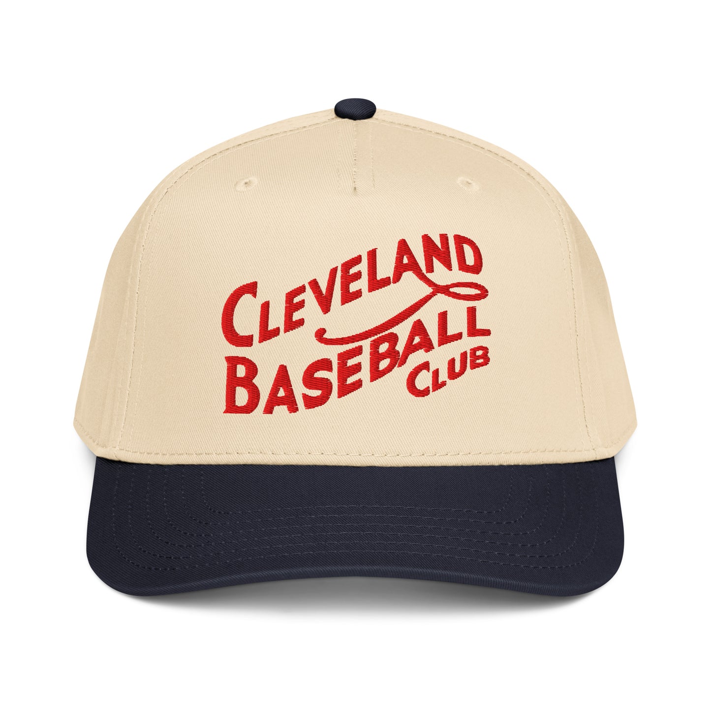 1908 Cleveland Baseball Club cap in navy and natural colorway - front view with red script logo