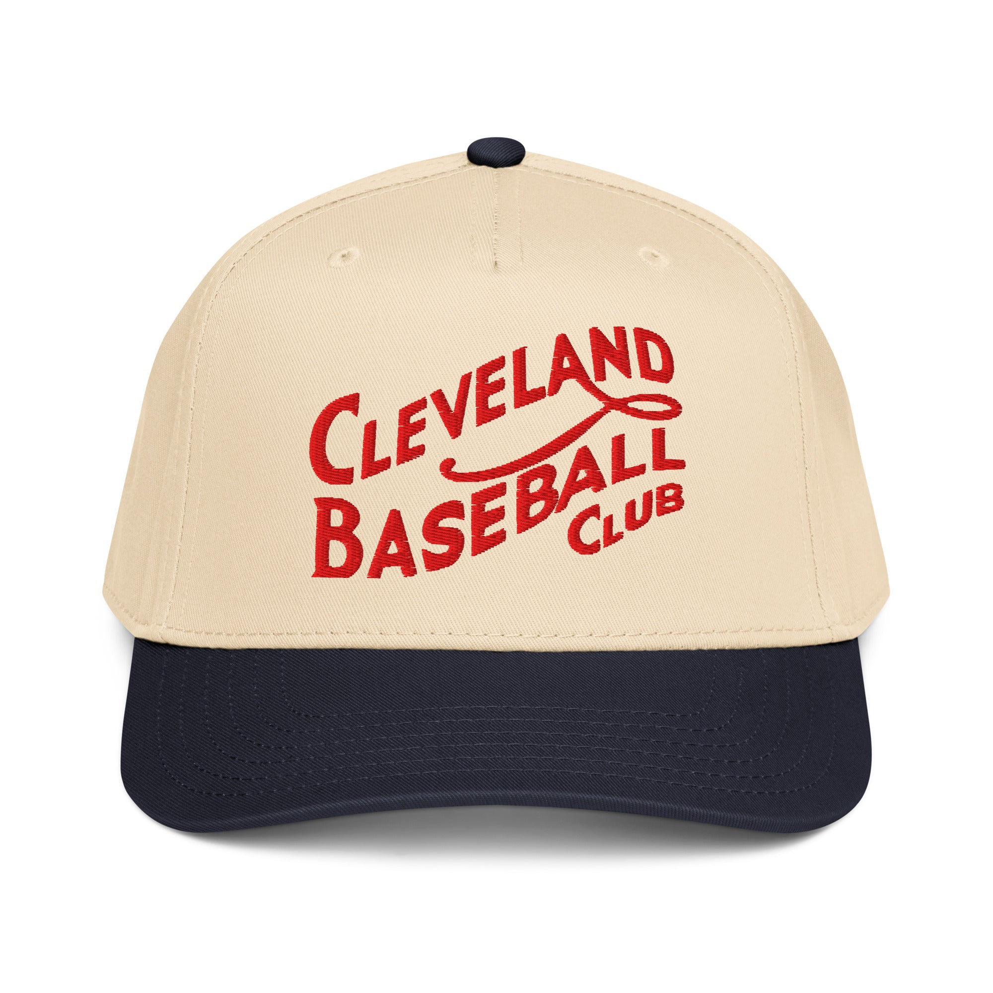 Navy/Natural-Red 1908 Cleveland Baseball Club cap in navy and natural colorway - front view with red script logo
