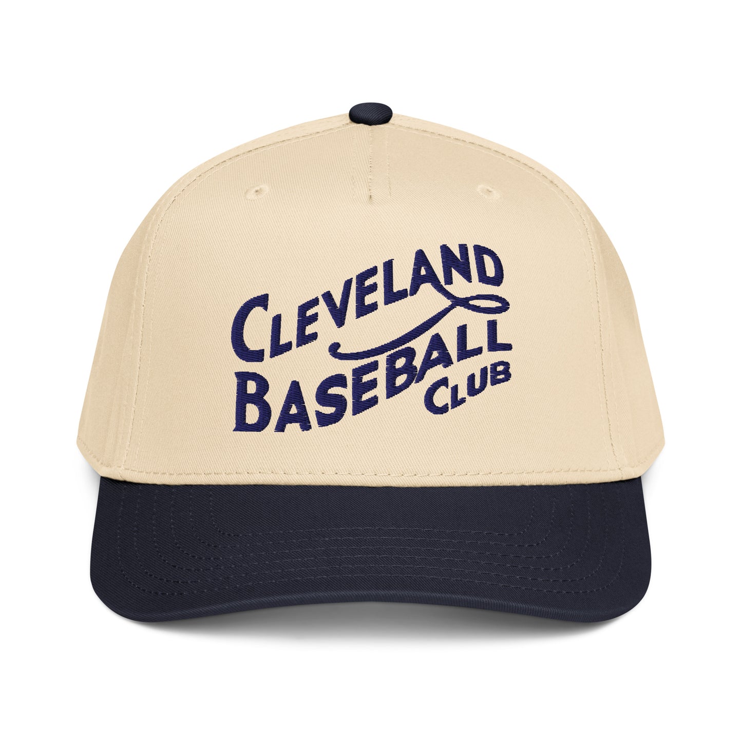 Beige and navy baseball cap with 'Cleveland Baseball Club' text on a white background