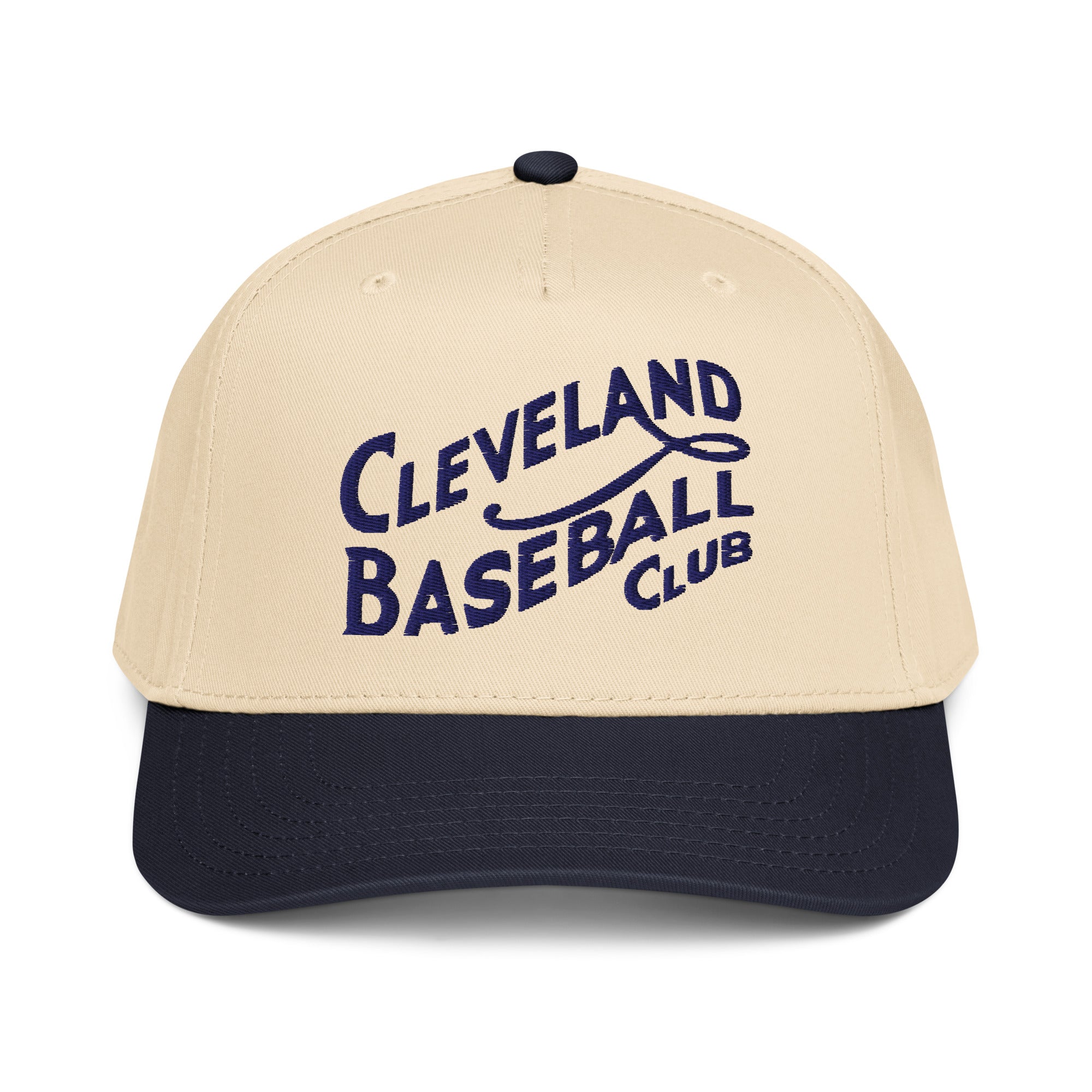 Navy/Natural Navy and navy baseball cap with 'Cleveland Baseball Club' text on a white background
