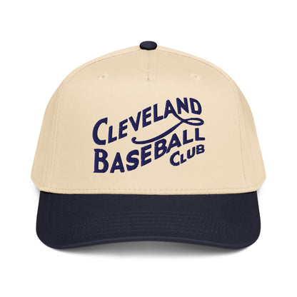 Beige and navy baseball cap with 'Cleveland Baseball Club' text on a white background