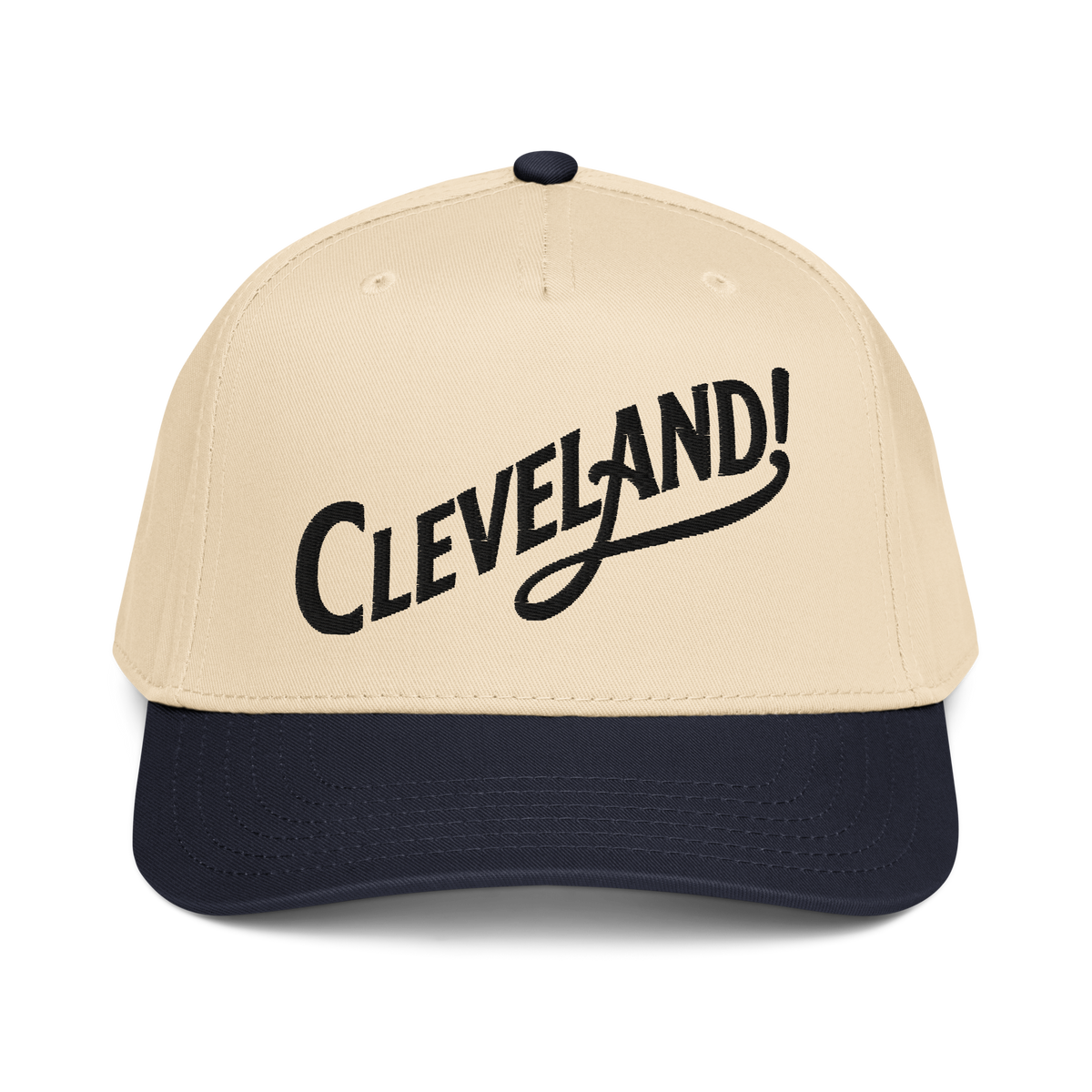 Cleveland! Cap in Navy/Natural with black embroidered Cleveland! lettering, front view