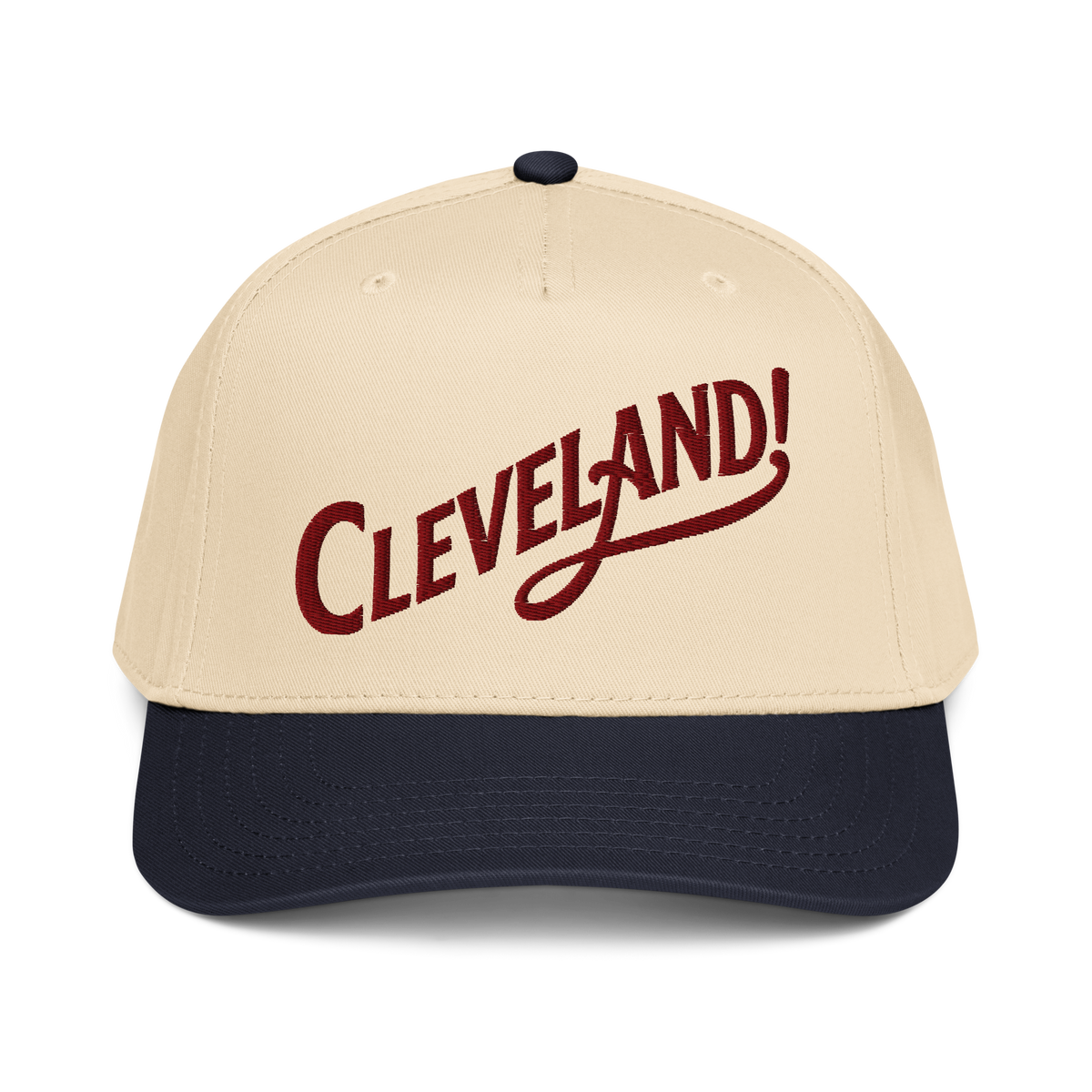 Cleveland! Cap in Navy/Natural with maroon embroidered Cleveland! lettering, front view